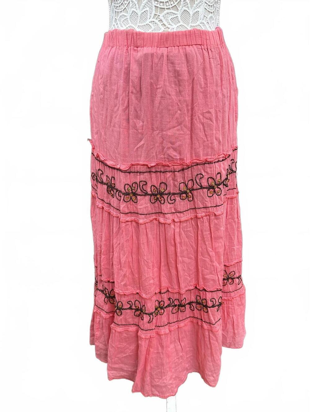 Bohemian Pink Tiered Floral Embroidered Maxi Skirt